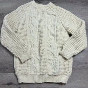 Wool Irish Chunky Knit Sweater Cream Vintage Anne McCool Crew Neck Fisherman